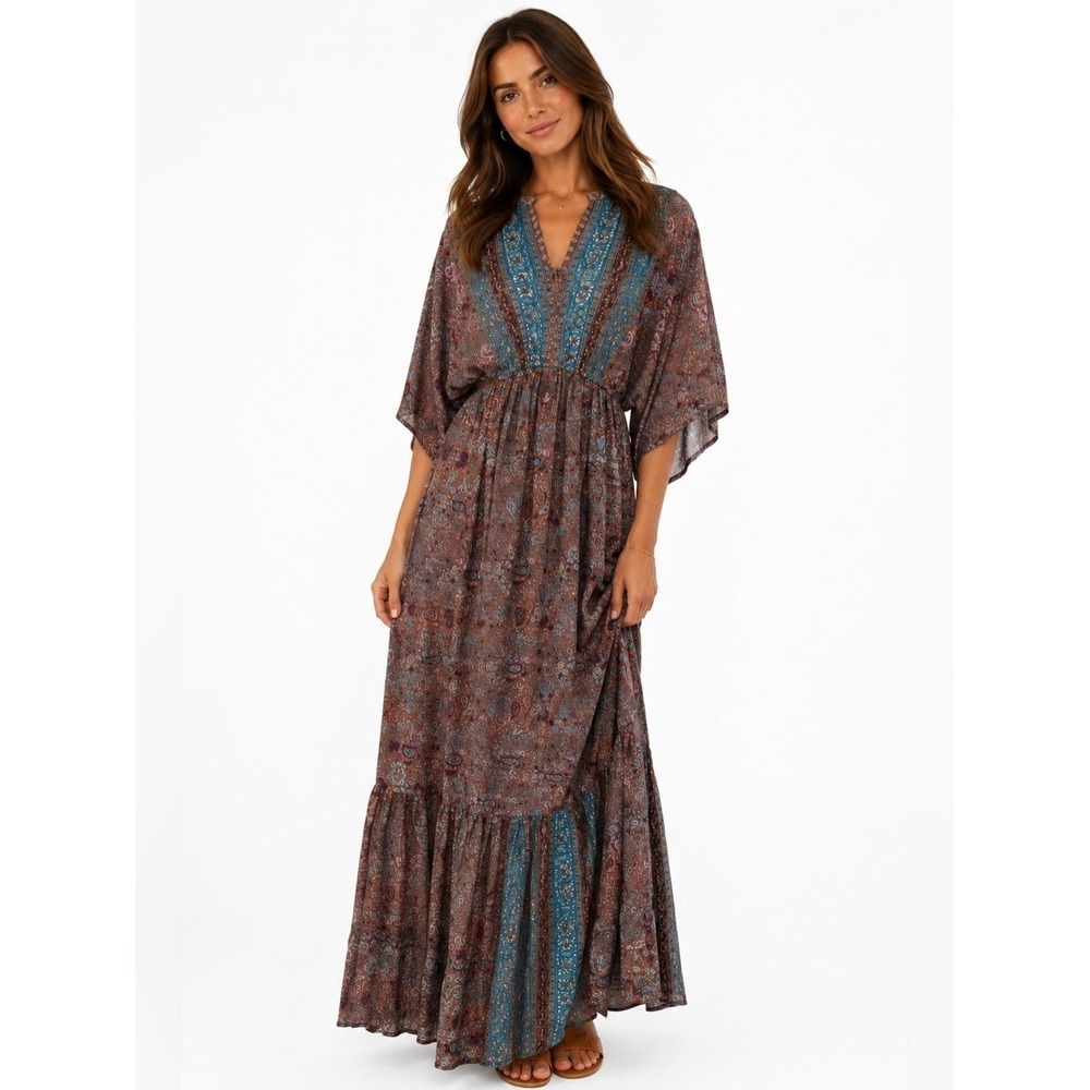 Silk Blend Paisley Boho Maxi Dress M/L